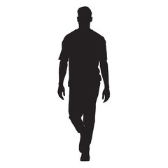 Handsome man in t-shirt walking forward, isolated vector silhouette, front view - obrazy, fototapety, plakaty
