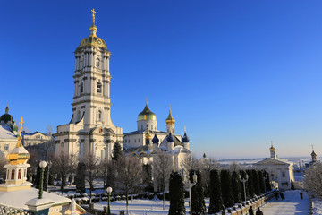 bell tower of the Holy Dormition Pochayiv Lavra in the morning sunlight