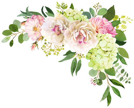 Wedding bouquet. Peony, Hydrangea and rose flowers watercolor illustrations