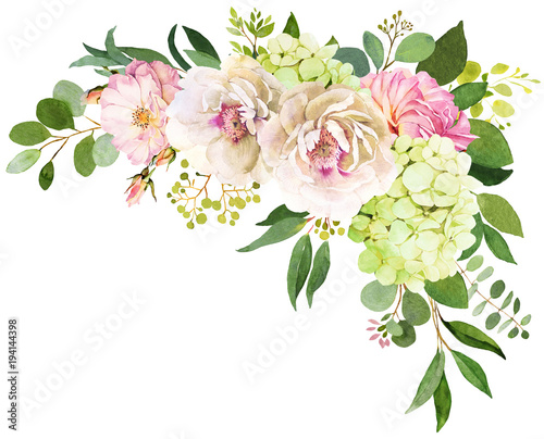 Wedding bouquet. Peony, Hydrangea and rose flowers watercolor illustrations
