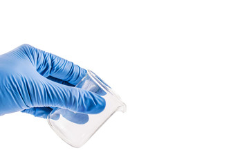 hand of scientist in protective gloves hold empty chemical laboratory beaker or flask. Research science and medical laboratory. Biochemistry technology concept.