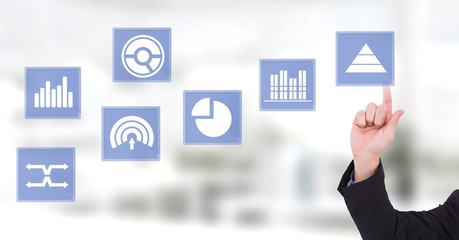 Hand touching business chart statistic icons