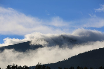 The observatory in the mountains covered, either by cold clouds