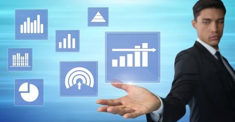 Businessman touching business chart statistic icons