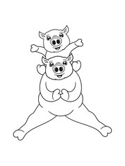 huckepack papa mama familie kind baby klein schulter sitzend 2 freunde team paar fett dick schwein süß niedlich comic cartoon lachen clipart