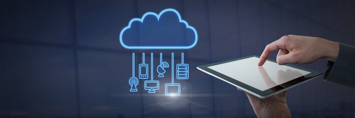 Hand holding tablet with cloud icon and hanging connection