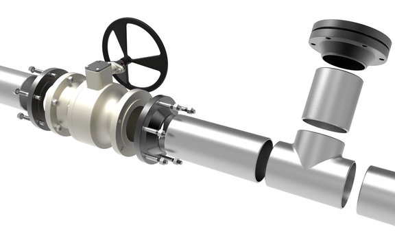 3D model of a steel valves and industrial pipeline