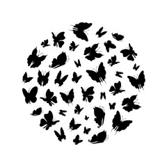 Silhouette Black Fly Flock Of Butterflies Round Design Template. Vector
