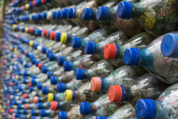 wall of recycled plastic bottles