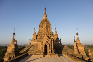 Fototapeta na wymiar Roof of a pagoda in the golden evening light of Bagan, Myanmar