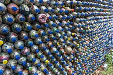 wall of recycled plastic bottles