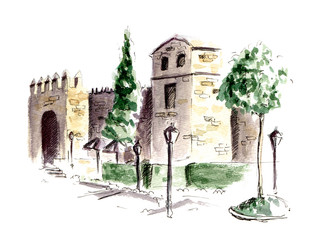 Hand painted watercolor sketch illustration city wall of Cordoba Spain Puerta del Almodovar - 194148154