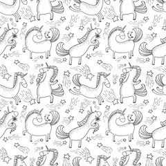 Magic unicorns background. Seamless pattern with mystical horse in doodle children style.
