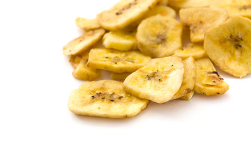 Banana chips isolated on white background

