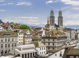 Historic Zurich center with famous Grossmünster Church, Limmat river and Zürichsee, Switzerland....