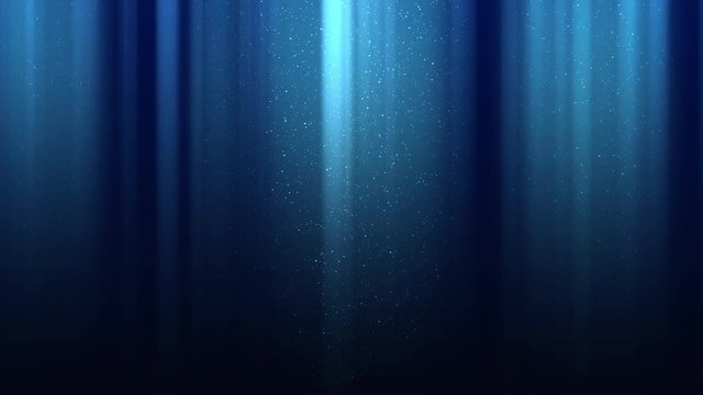 Dark blue abstract background with rays of light and specks, sparkles, falling snow, night shining sky, seamless loop
