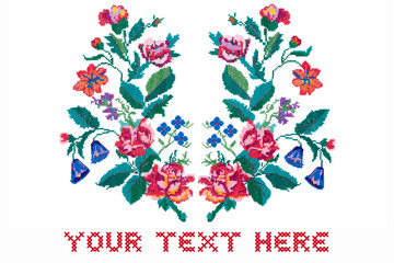 Card with space for text. Embroidered cross-stitch bouquet of flowers isolated on white background - obrazy, fototapety, plakaty