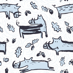 Seamless pattern with cute boars. Background with wild pigs and acorns. Vector illustration