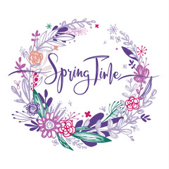 Spring time wording with hand drawn flowers in a circle, purple doodle elements, grass, leaves, flowers. Vector illustration, design element for congratulation cards, print, banners and others