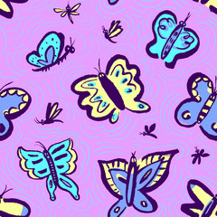 Seamless pattern with cute butterflies. Background with funny insects in doodle sketchy style
