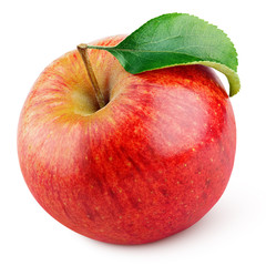 Single ripe red apple fruit with green leaf isolated on white background with clipping path