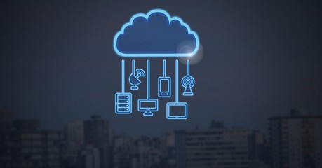 cloud icon and hanging connection devices with dark city