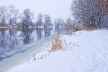Snowfall on winter river