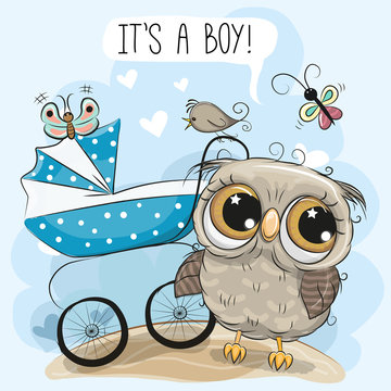 Greeting card its a boy with baby carriage and Owl