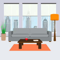 Living room interior with windows, modern sofa and coffee table. Furniture design. Vector illustration.