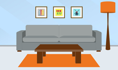Living room interior with modern sofa and coffee table. Furniture design. Vector illustration.