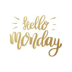 Hello monday. Lettering phrase on white background. Design element for poster, banner, card.