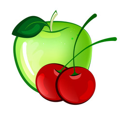 Apple and cherry on a white background. Vector fruit symbols. Fruit combination