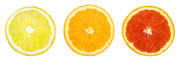 Collage of fresh citrus isolated on white background with clipping path