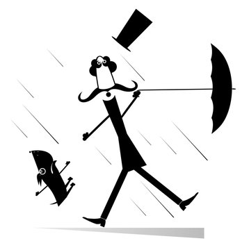 Mustache man in the top hat with umbrella and a dog staying on the strong wind black on white illustration