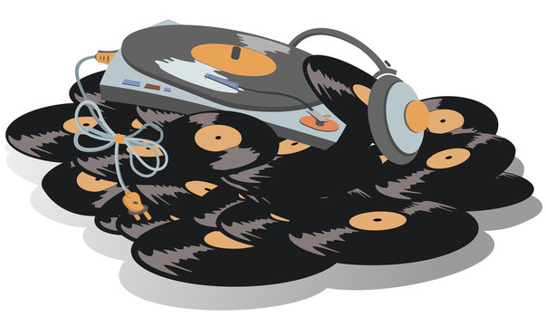 turntable and records with headphones, retro style clip art preview
