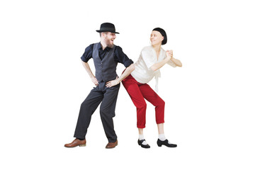 Lindy hop or rock'n'roll dance boogie woogie. Boogie acrobatic stunt in a studio background. Dance...