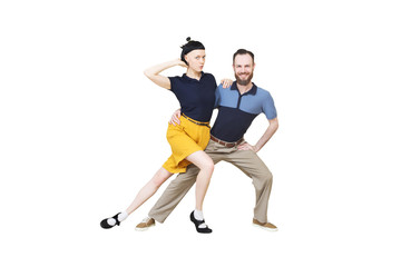 Lindy hop or rock'n'roll dance boogie woogie. Boogie acrobatic stunt in a studio background. Dance...