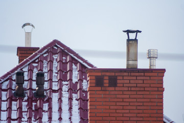 a brick chimney and a pipe ending against a gray sky background