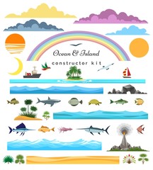 Sea island constructor. Ocean and islands, surf beach and seascape creator set vector illustration