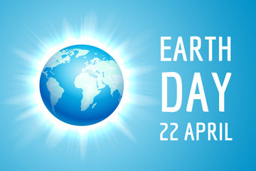 Earth Day banner. Vector illustration of the blue globe planet on the flash background