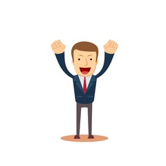 Successful business man with arms up. full length portrait of happy laughing businessman with hands up. isolated on white background. Stock flat vector illustration.
