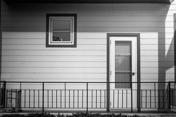 Abstract black and white image of architecture building interior design of wooden window and door of apartment. (Selective focus)