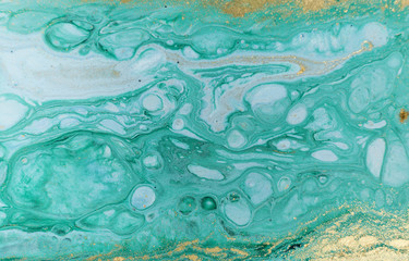Obraz na płótnie Canvas Marble abstract acrylic background. Nature green marbling artwork texture. Golden glitter.