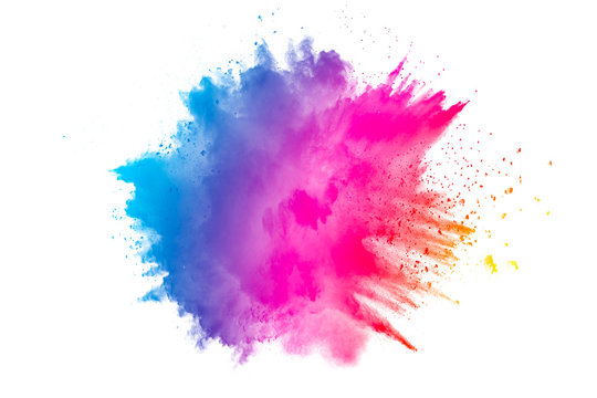 Abstract multicolored dust explosion on white background. Abstract color powder splattered  on background.