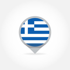 Flag of Greece icon in shape of map pointer or marker. Greek national symbol. Vector illustration.
