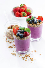 Blueberry dessert with granola in glass on a white background, vertical