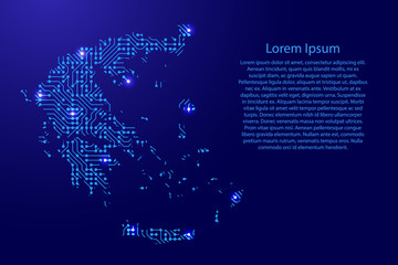 Map Greece from printed board, chip and radio component with blue star space on the contour for banner, poster, greeting card, of vector illustration.