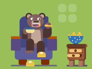 Cartoon brown bear drinking tea