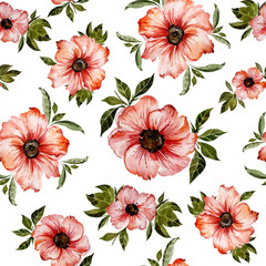 Beautiful red simple flowers with green leaves on white background. Seamless floral pattern.  Watercolor painting. Hand drawn illustration.