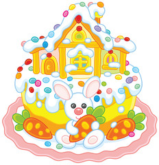 Obraz premium Festively decorated Easter cake with a small white bunny, carrots and its house